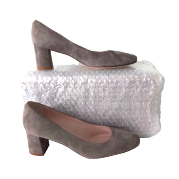 Kate Spade Suede Pumps Sz 6 M Taupe Square Toe Block Heel Slip-On Made in Italy - Picture 1 of 12